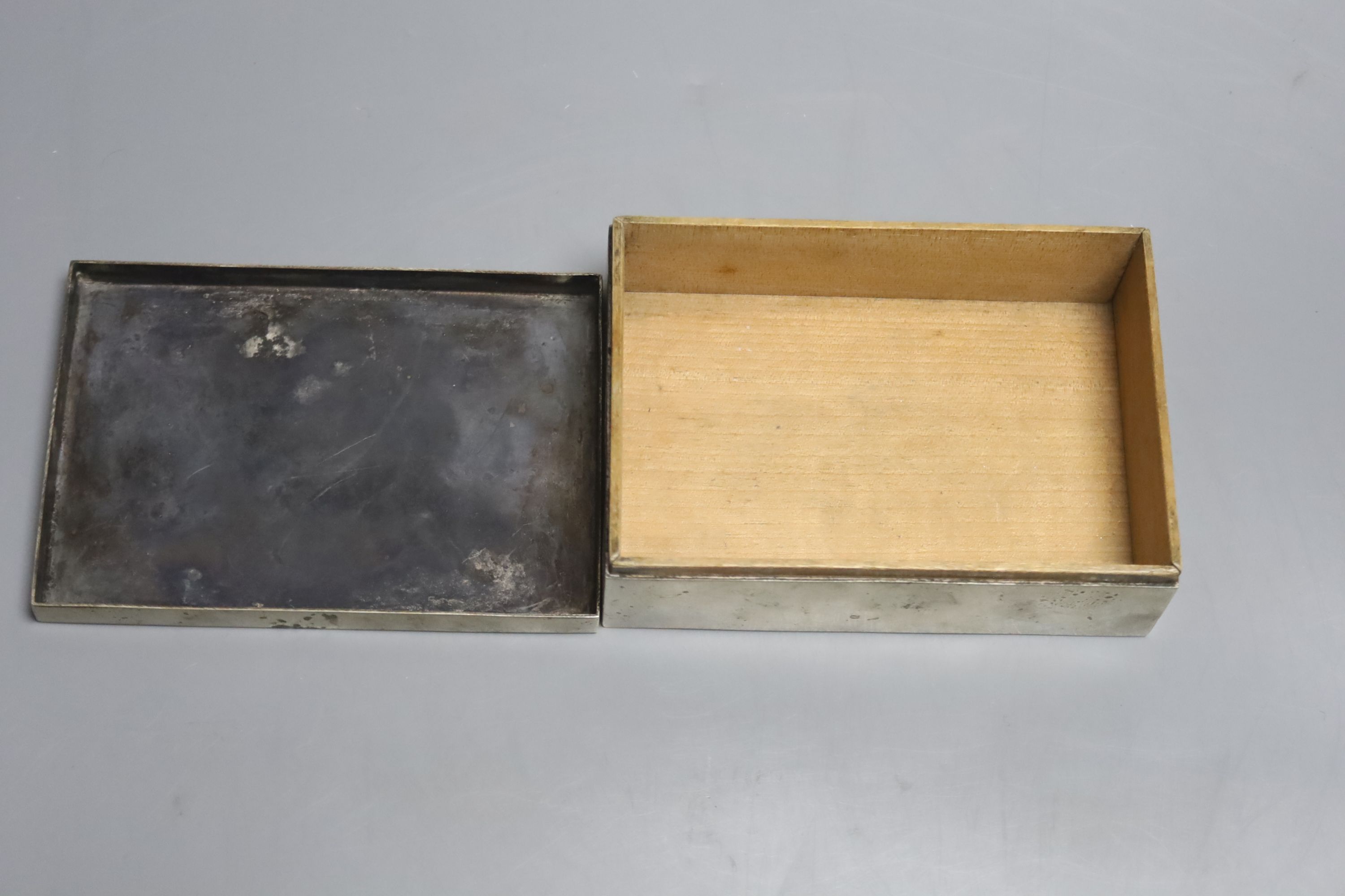 A Chinese Paktong? rectangular cigarette box and cover, 9 x 13cm
